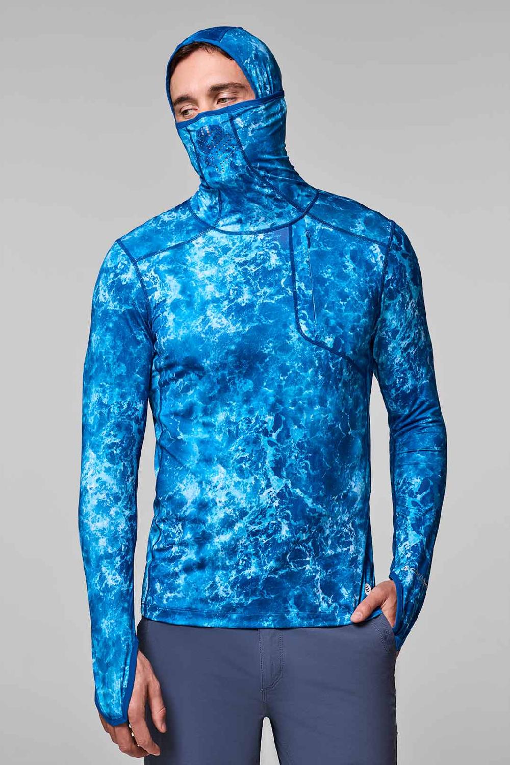coolibar Men's Vented Andros Fishing Hoodie | Blue Water Print