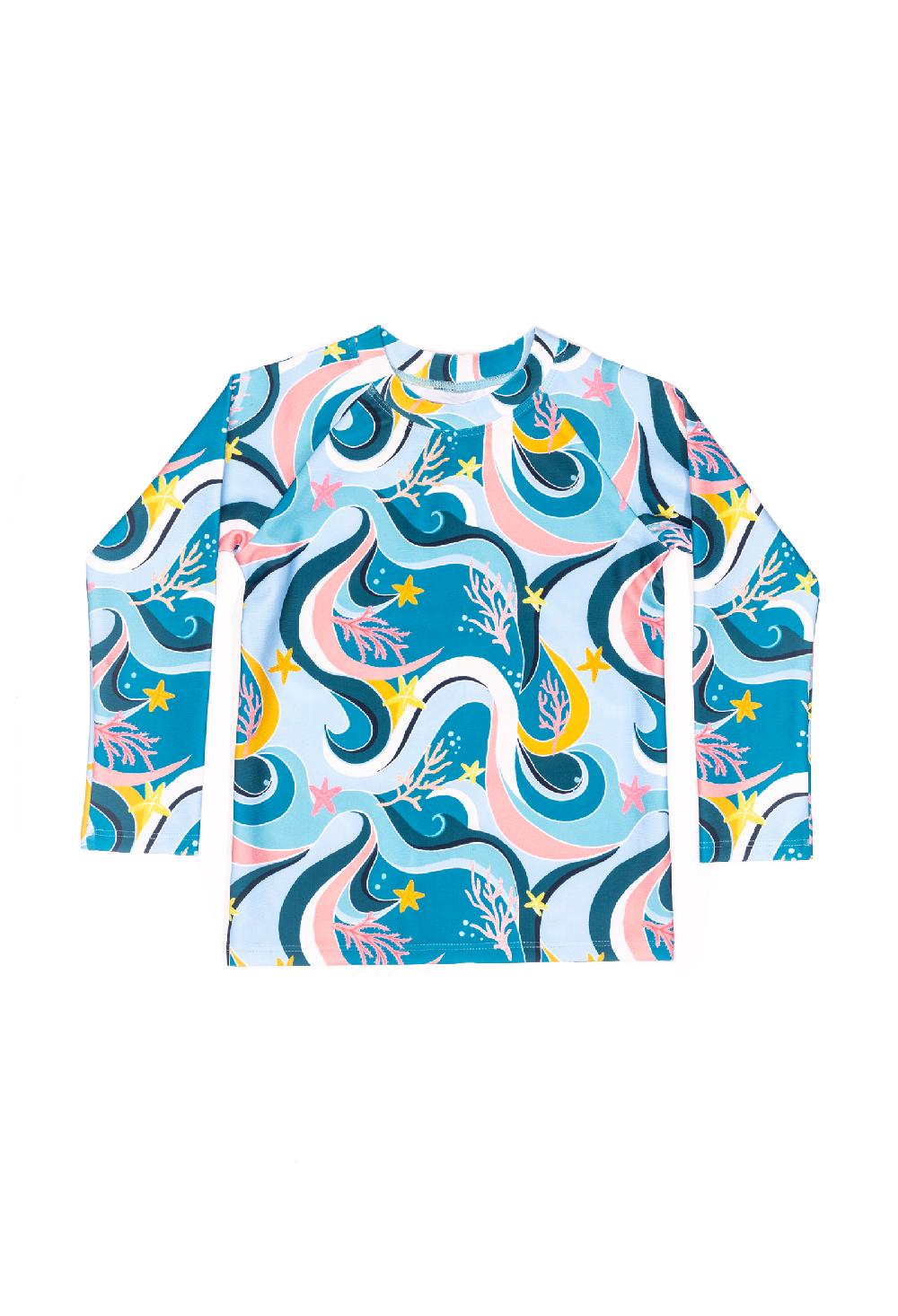 coolibar Mini Blake - Kids Long Sleeve Rash Guard - Ocean Candy Wave Pacific Blue | Ocean Candy Wave Pacific Blue