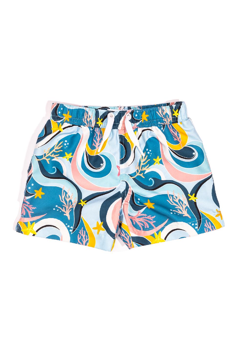 coolibar Mini Major - Boys Swim Trunk | Ocean Candy Wave Pacific Blue