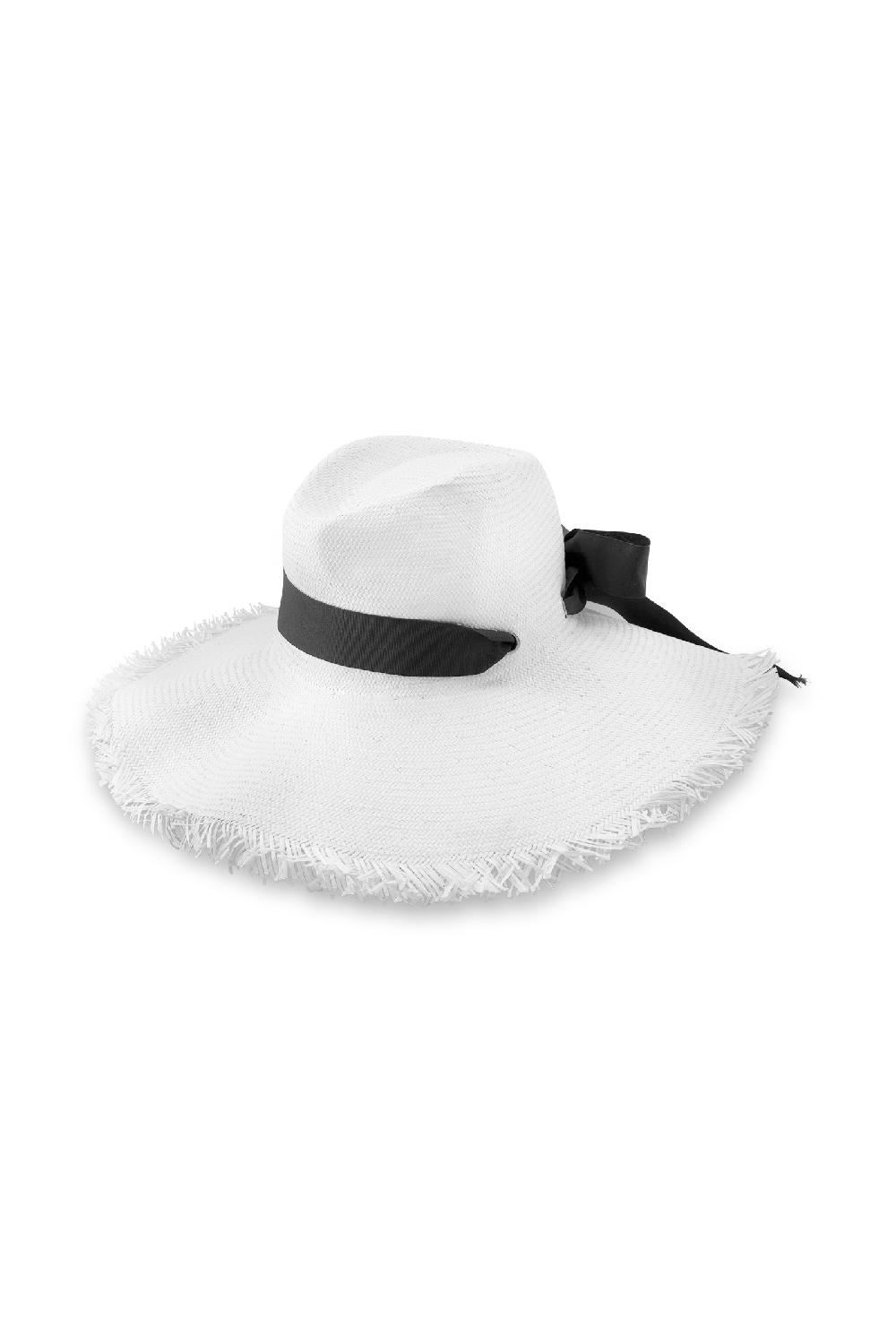 coolibar Nassau Shantung Straw Frayed Sun Hat | Black
