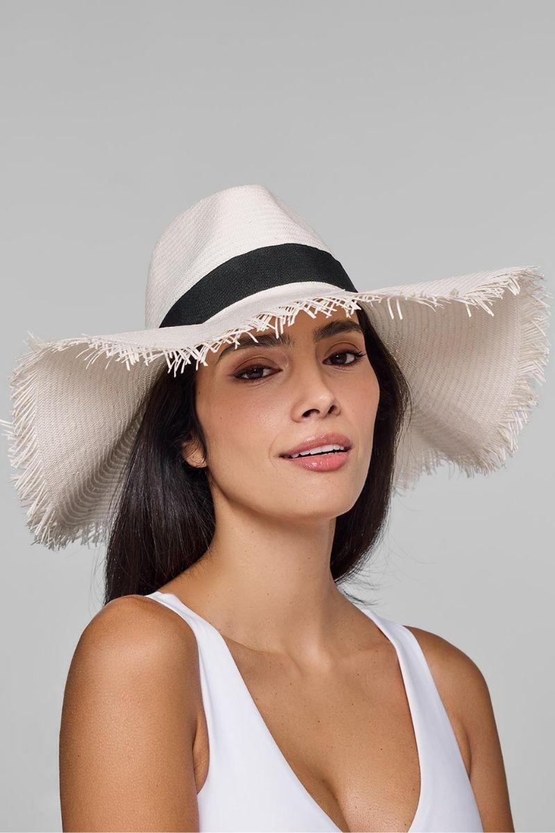 Coolibar Nassau Shantung Straw Frayed Sun Hat | Dark Brown