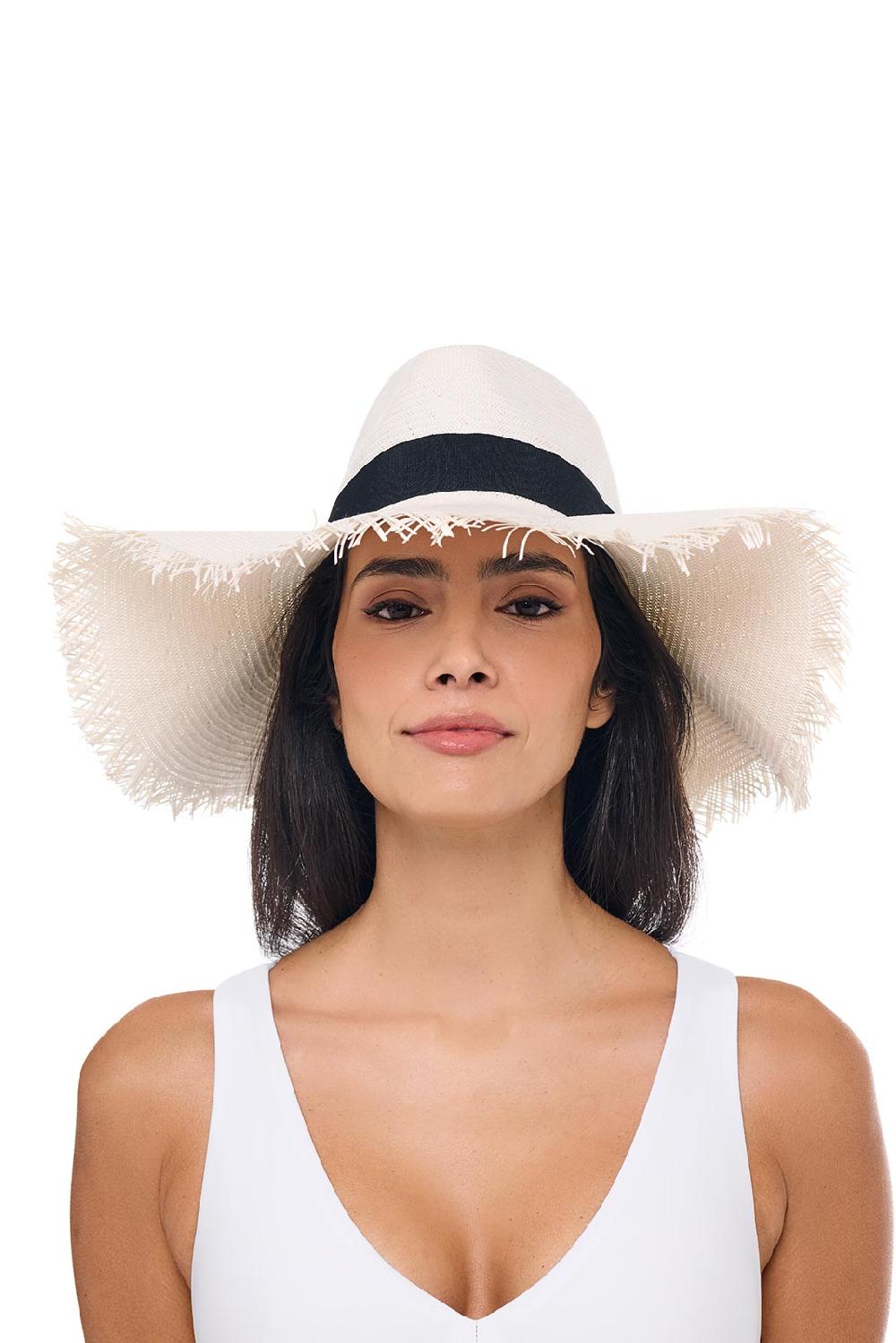Coolibar Nassau Shantung Straw Frayed Sun Hat | Dark Brown