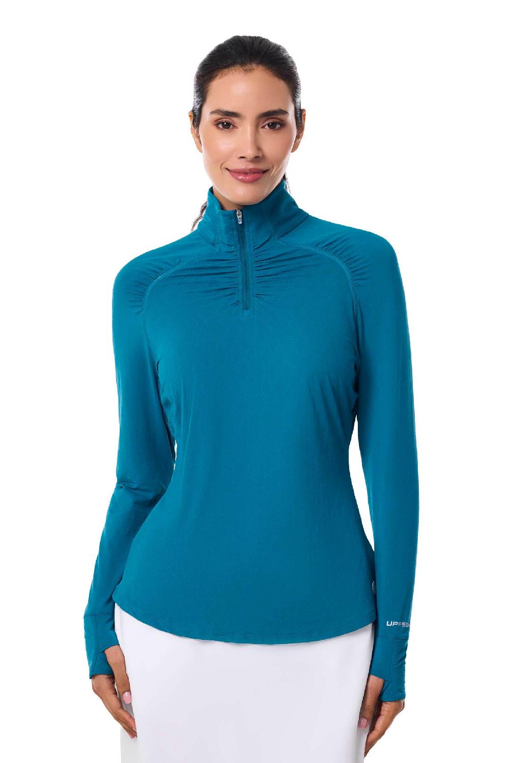 Coolibar Women's Arabella Quarter Zip | Bluejay Diamond Jacquard