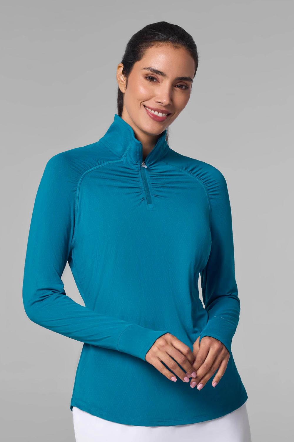 coolibar Women's Arabella Quarter Zip | Bluejay Diamond Jacquard