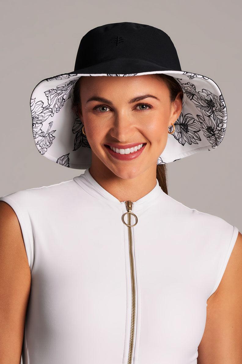 coolibar Women's Ariel Reversible Pool Hat | White/Black Perfect Peony