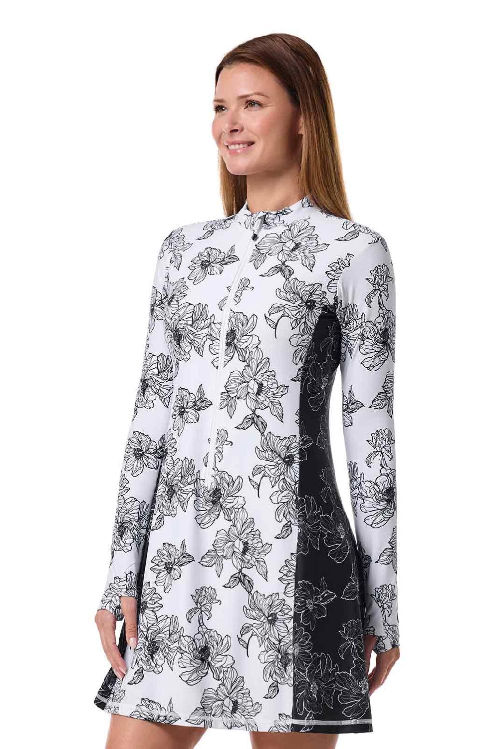 Coolibar Women's Aspen Sunrise Long Sleeve Swim Dress | White/Black Colorblock