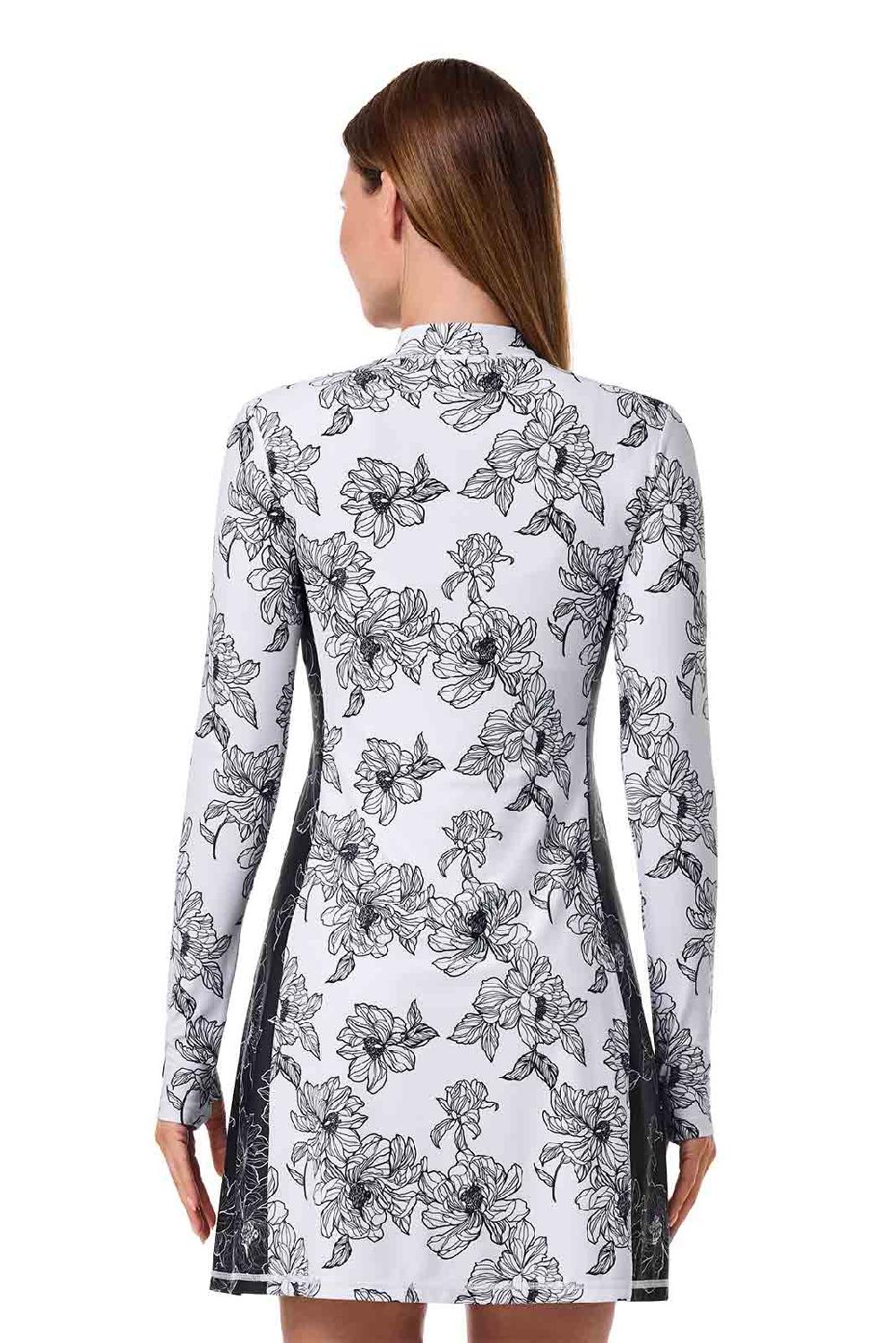 Coolibar Women's Aspen Sunrise Long Sleeve Swim Dress | White/Black Colorblock