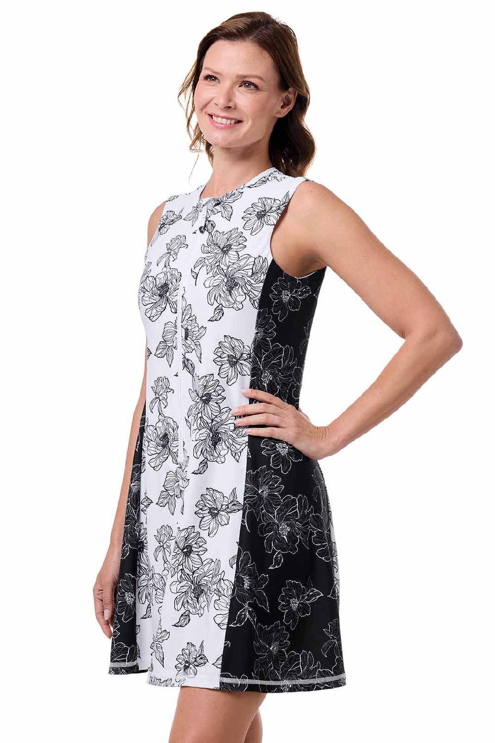 Coolibar Women's Aspen Sunrise Sleeveless Swim Dress | White/Black Colorblock