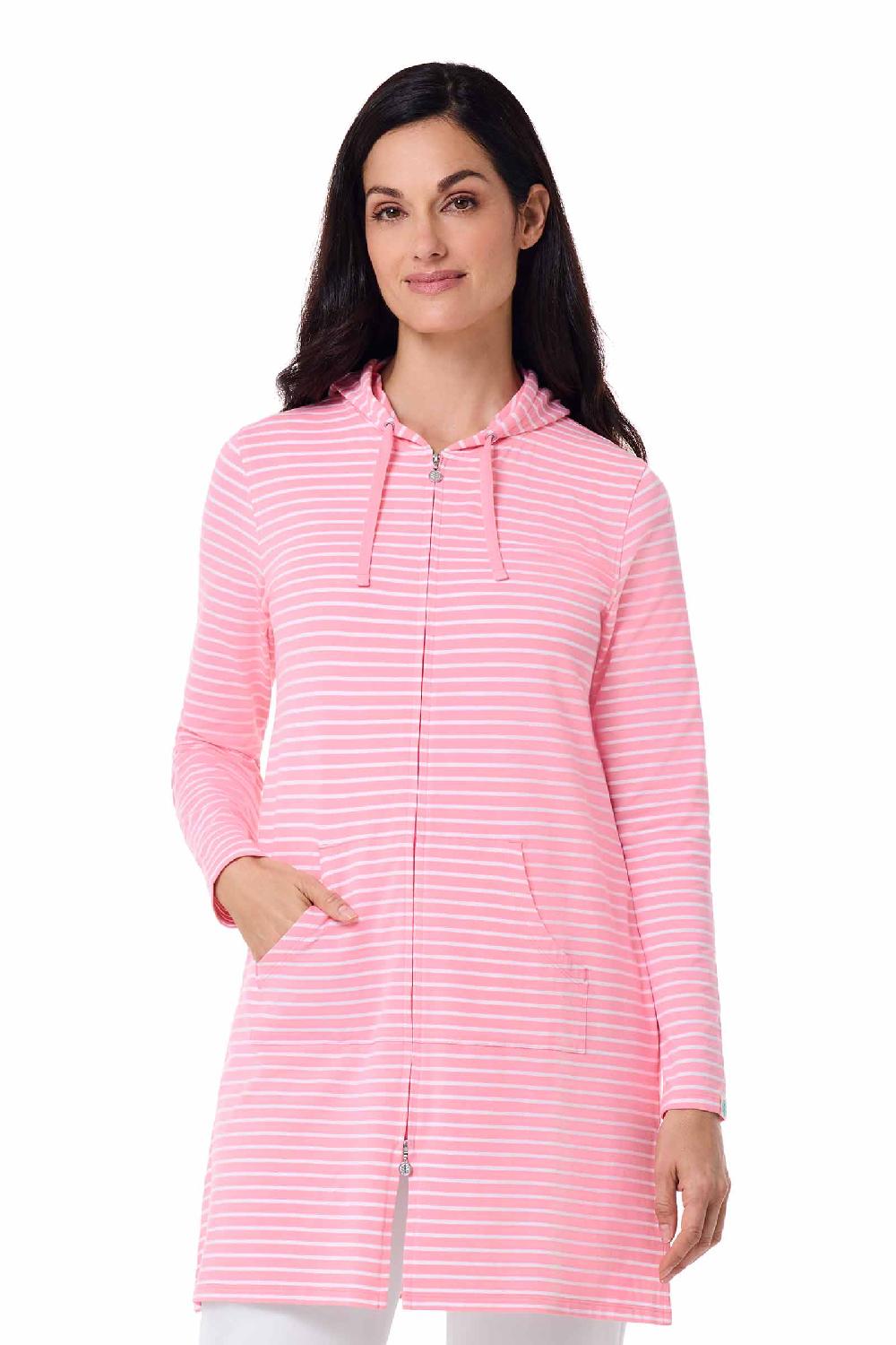 Coolibar Women's Cabana Hoodie | Flamingo Pink/White Stripe