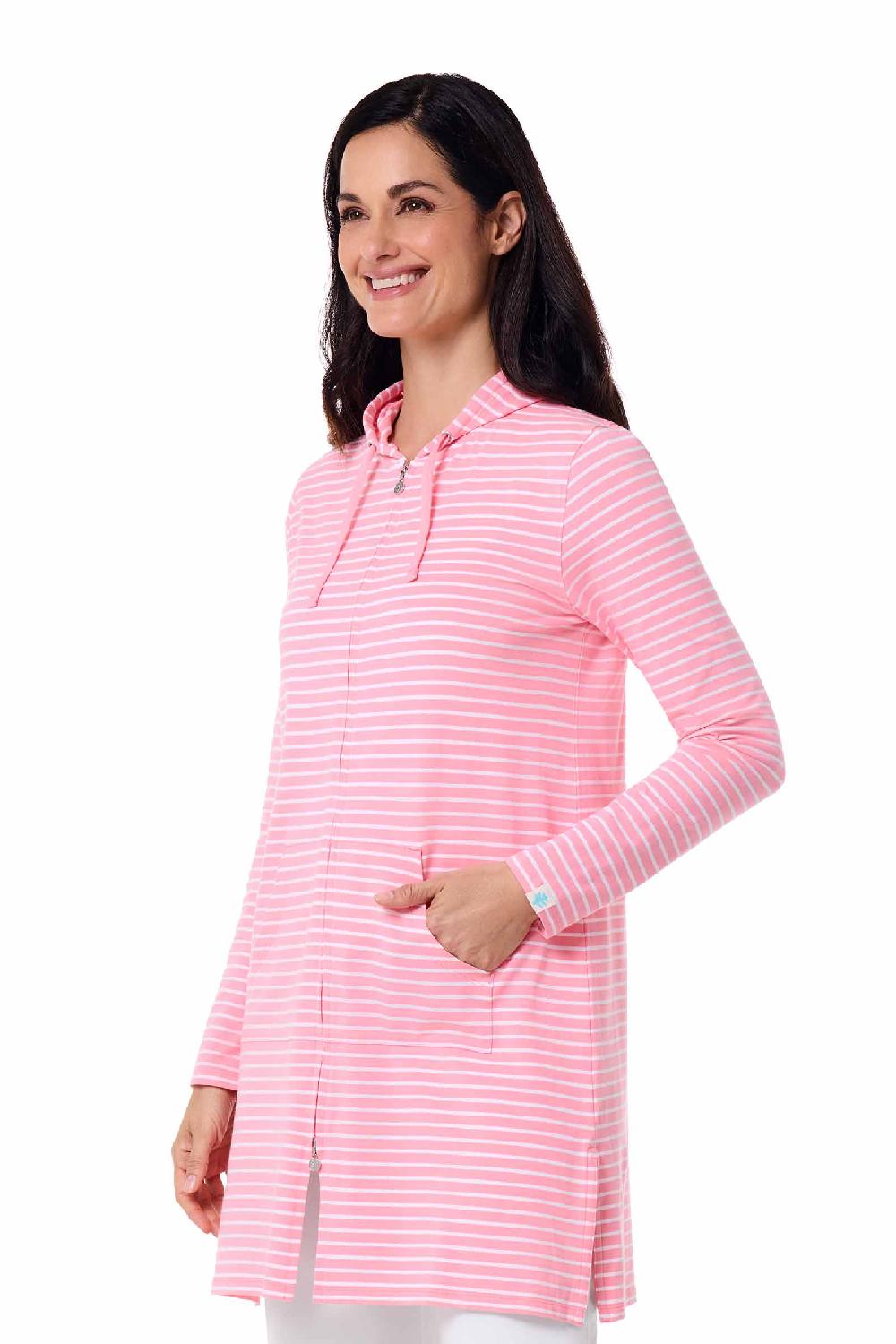 Coolibar Women's Cabana Hoodie | Flamingo Pink/White Stripe