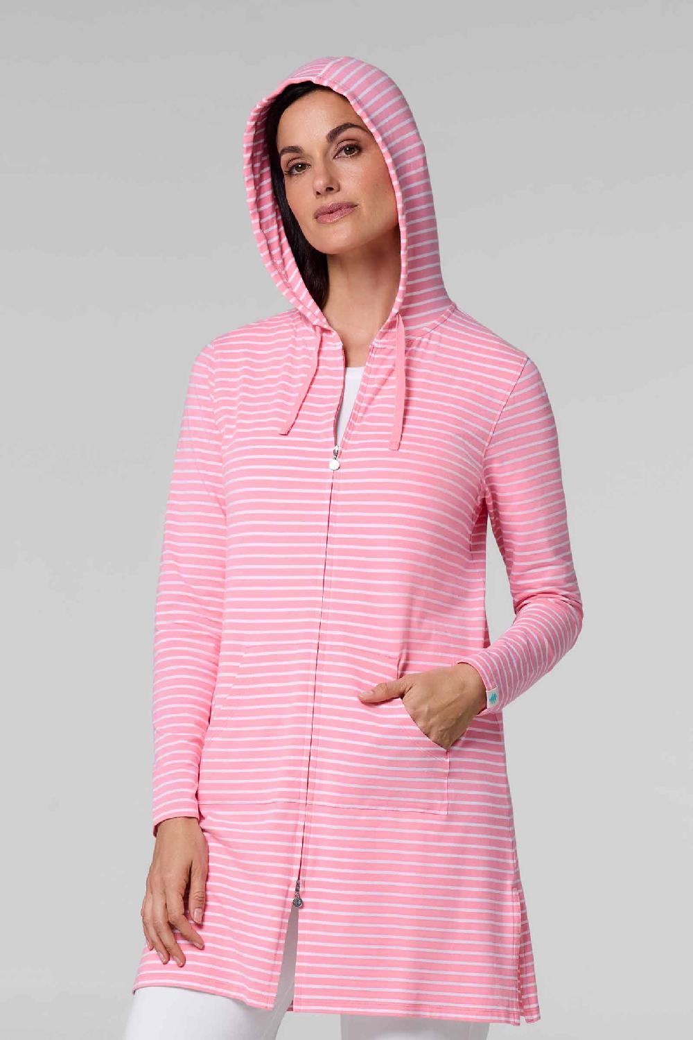 coolibar Women's Cabana Hoodie | Flamingo Pink/White Stripe