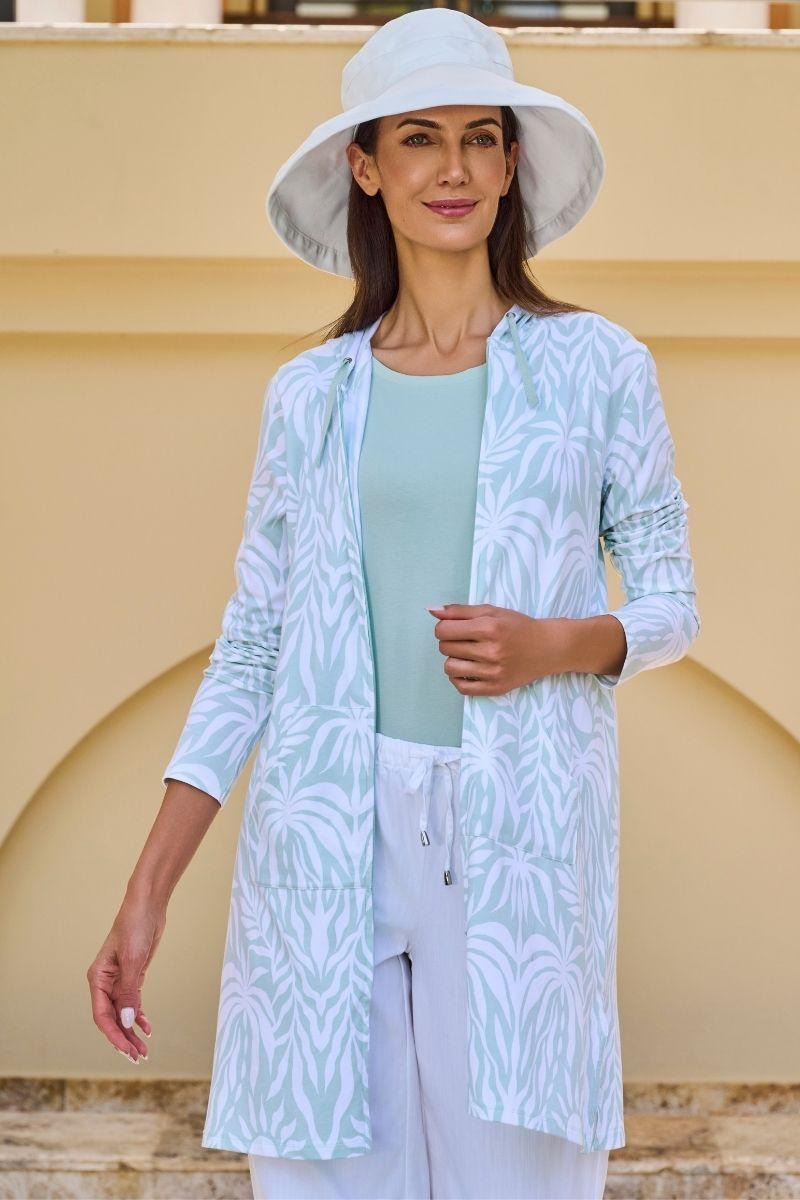 coolibar Women's Cabana Hoodie | Misty Aqua American Palm