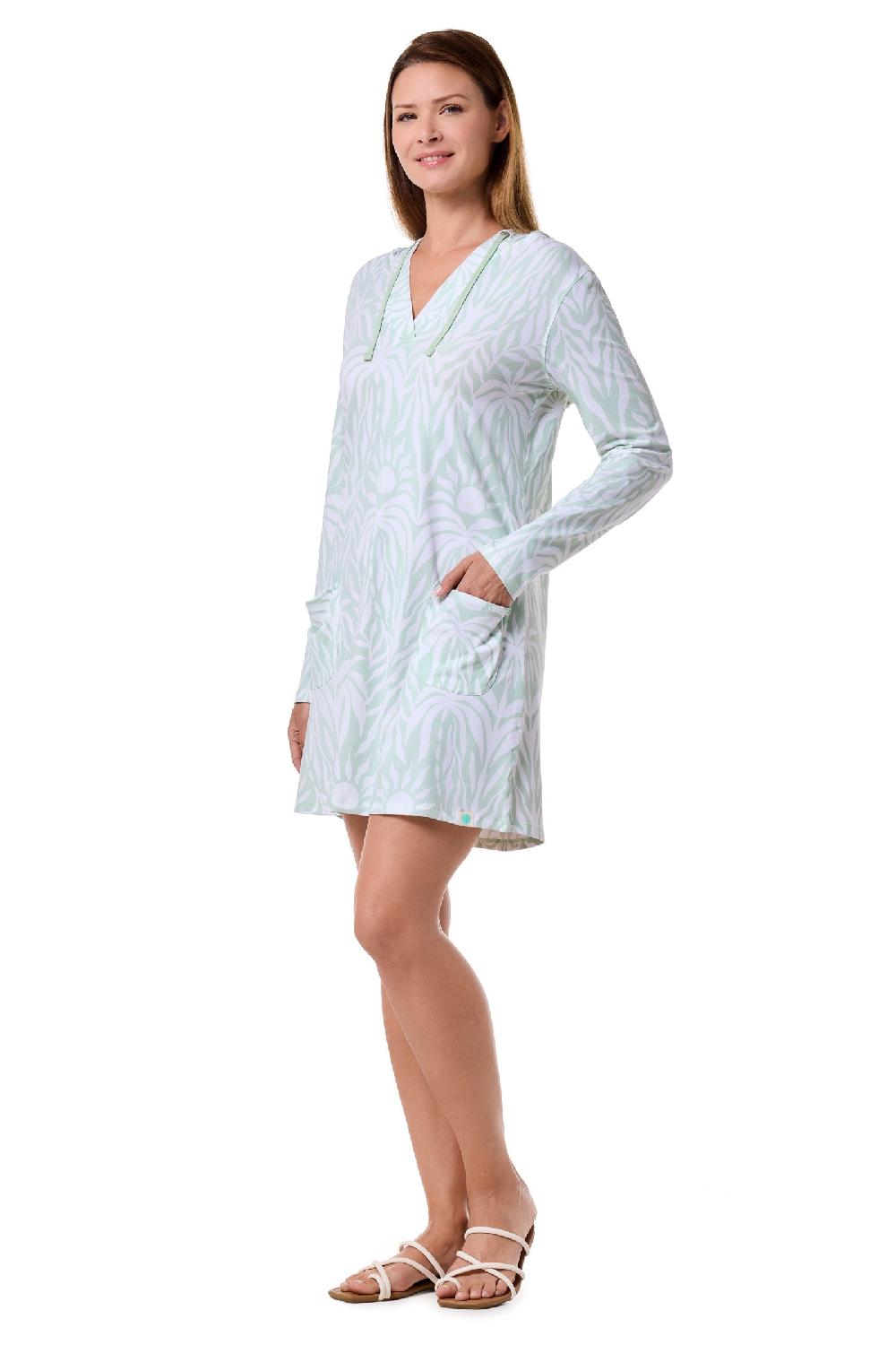 Coolibar Women's Catalina Beach Cover-Up Dress | Misty Aqua American Palm