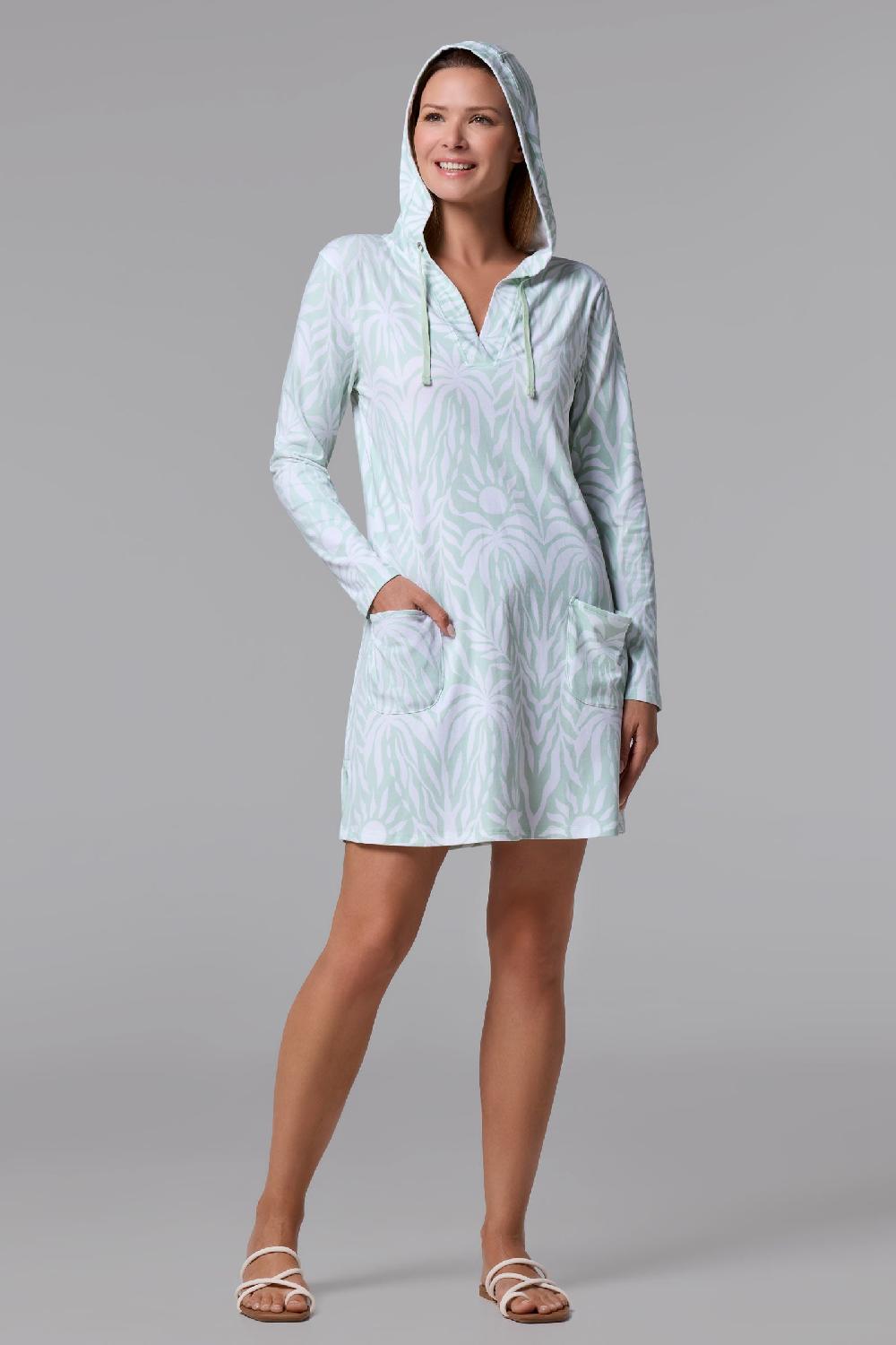 coolibar Women's Catalina Beach Cover-Up Dress | Misty Aqua American Palm