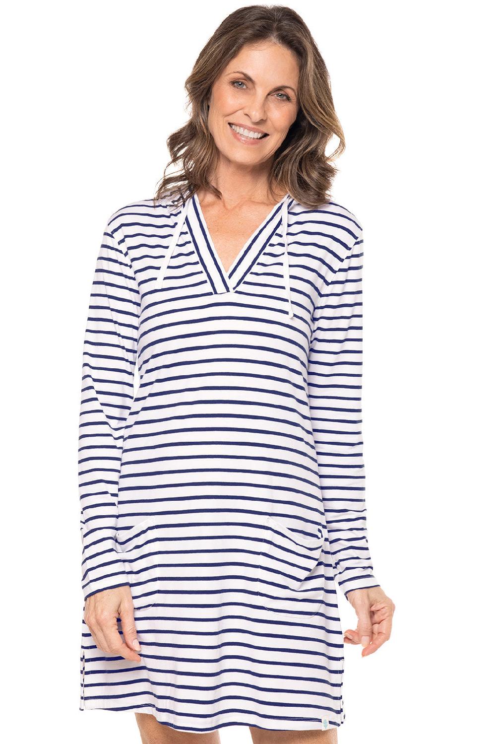 coolibar Women's Catalina Beach Cover-Up Dress | White/Navy Stripe