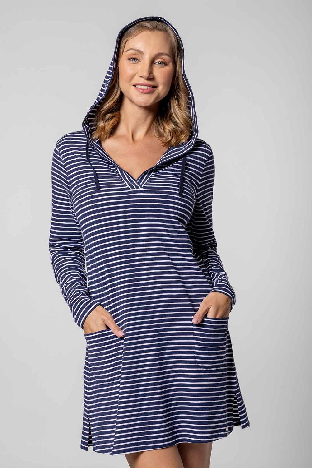 coolibar Women's Catalina Beach Cover-Up | Navy/White Stripe