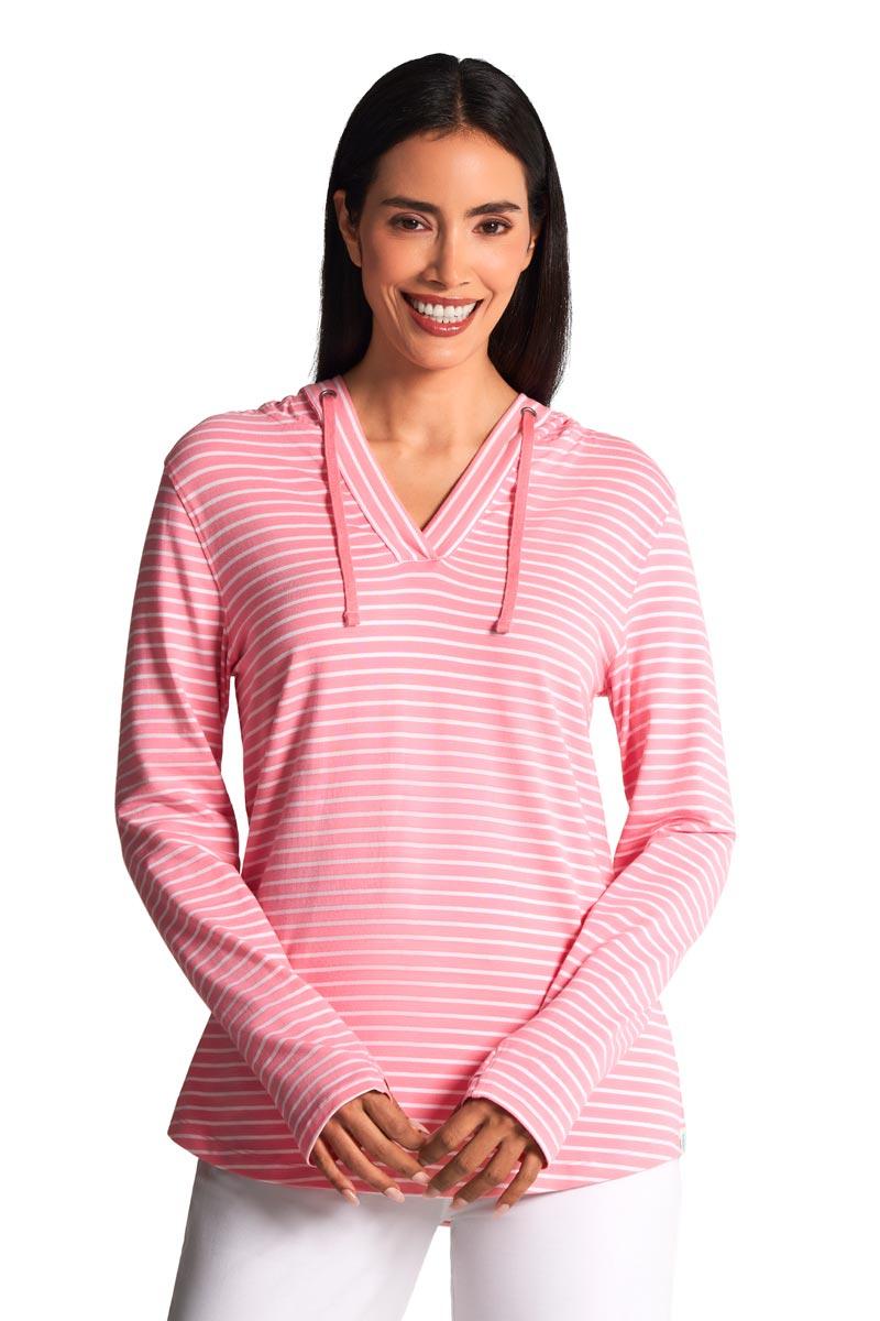 Coolibar Women's Catalina Hoodie Tunic Top | Flamingo Pink/White Stripe