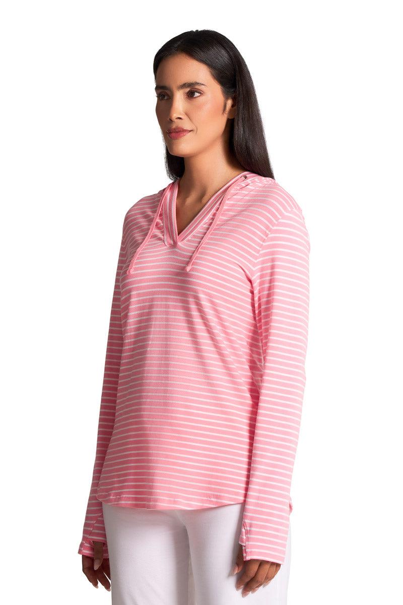 Coolibar Women's Catalina Hoodie Tunic Top | Flamingo Pink/White Stripe