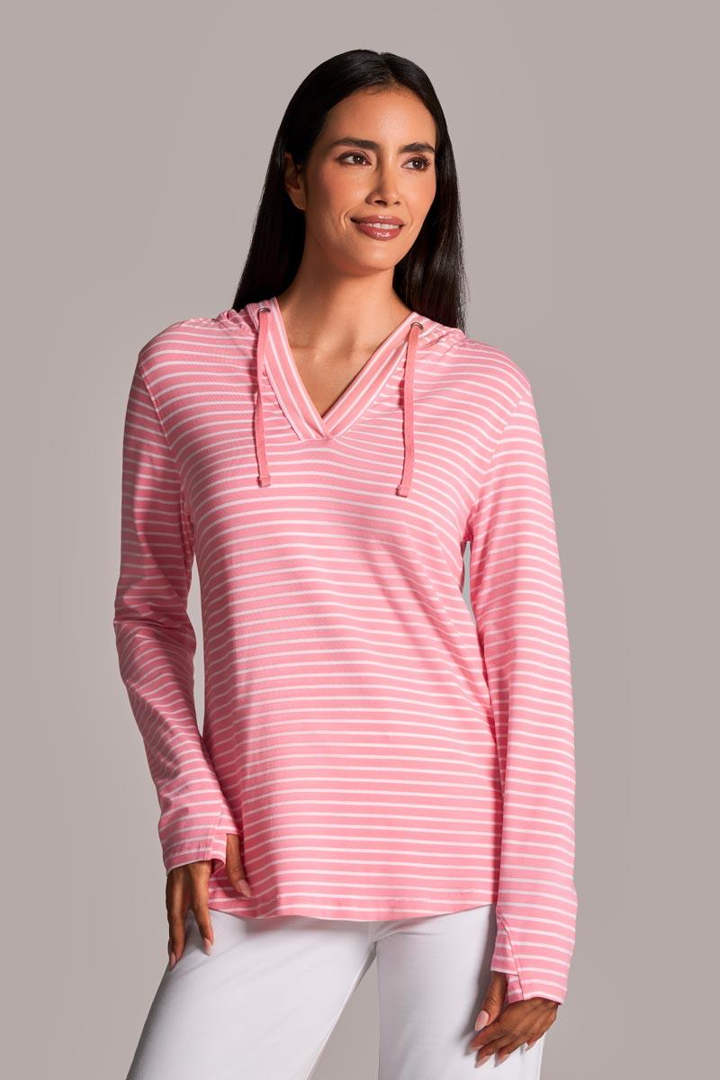 coolibar Women's Catalina Hoodie Tunic Top | Flamingo Pink/White Stripe