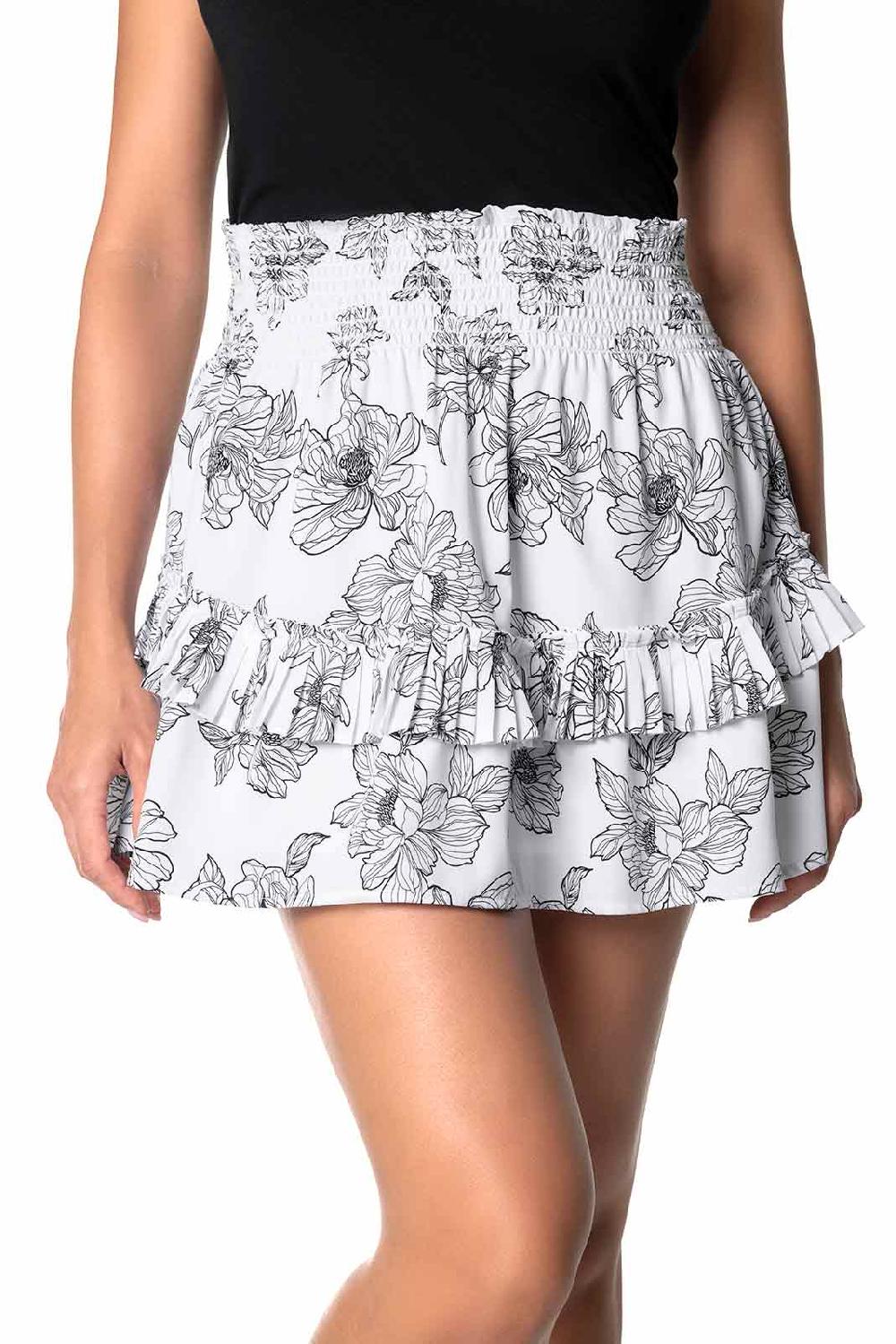 Coolibar Women's Charlotte Bay Ruffle Skirt | White/Black Perfect Peony