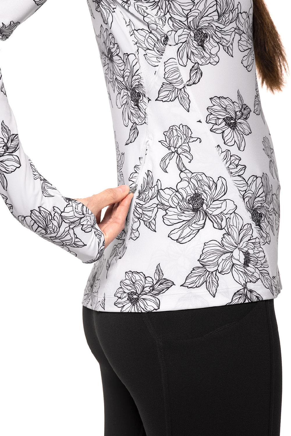 Coolibar Women's Devi Long Sleeve Fitness T-Shirt | White/Black Perfect Peony