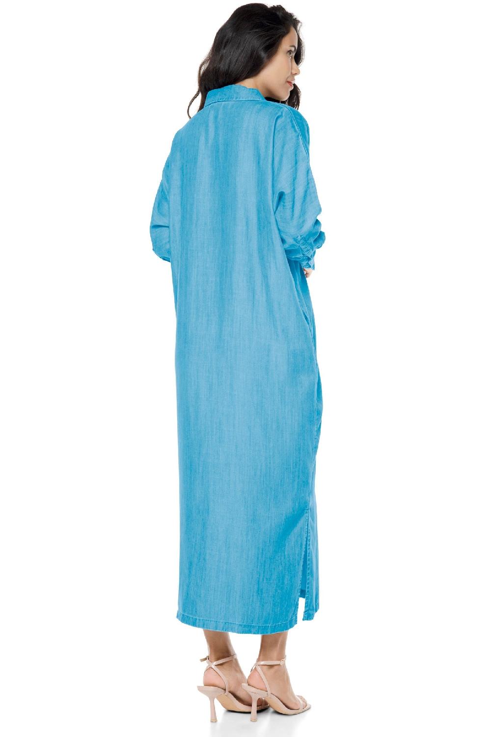 Coolibar Women's Doral Long Sleeve Button Down Dress | Light Indigo Chambray