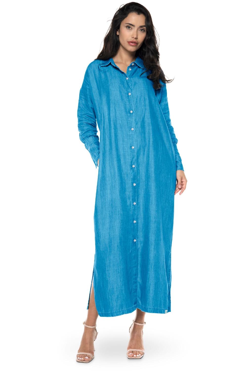 coolibar Women's Doral Long Sleeve Button Down Dress | Light Indigo Chambray