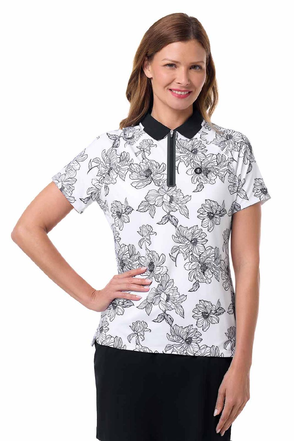 Coolibar Women's Double Eagle Short Sleeve Polo | White/Black Perfect Peony