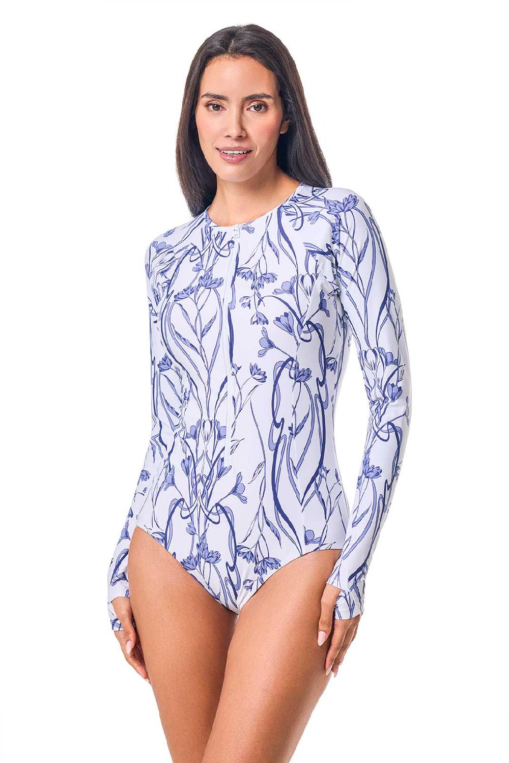 Coolibar Women's Escalante Long Sleeve Swimsuit | White Iris Dusk