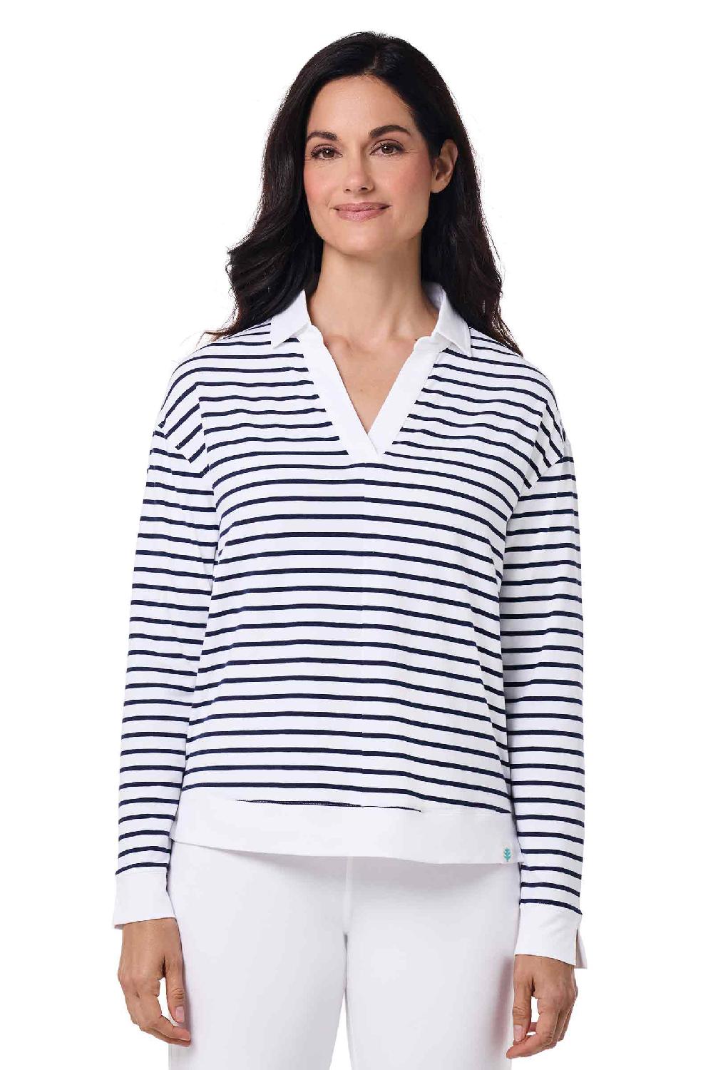 Coolibar Women's Fontainebleau Polo 2.0 | White/Navy Stripe