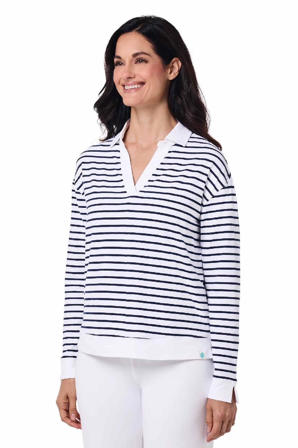 Coolibar Women's Fontainebleau Polo 2.0 | White/Navy Stripe