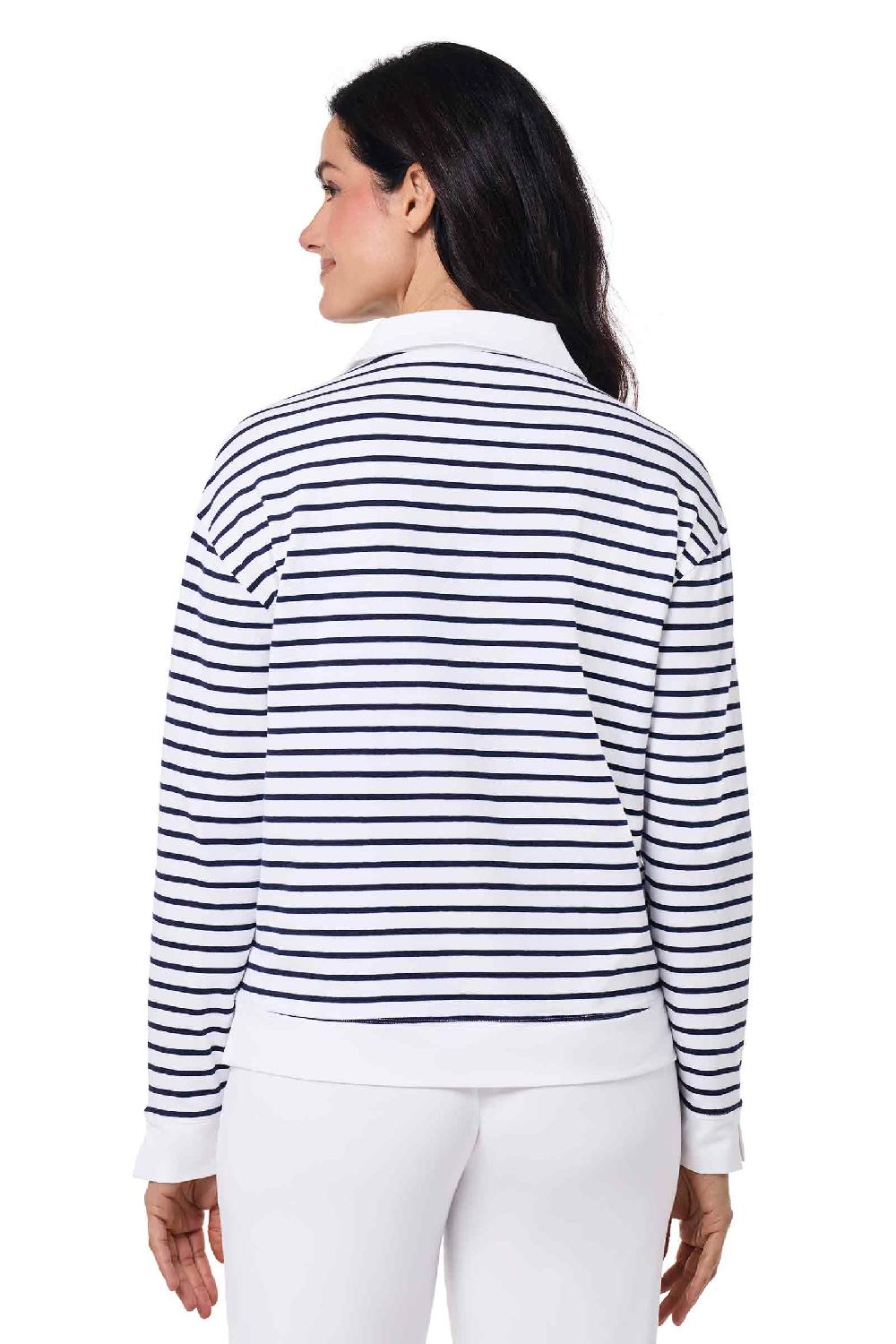Coolibar Women's Fontainebleau Polo 2.0 | White/Navy Stripe