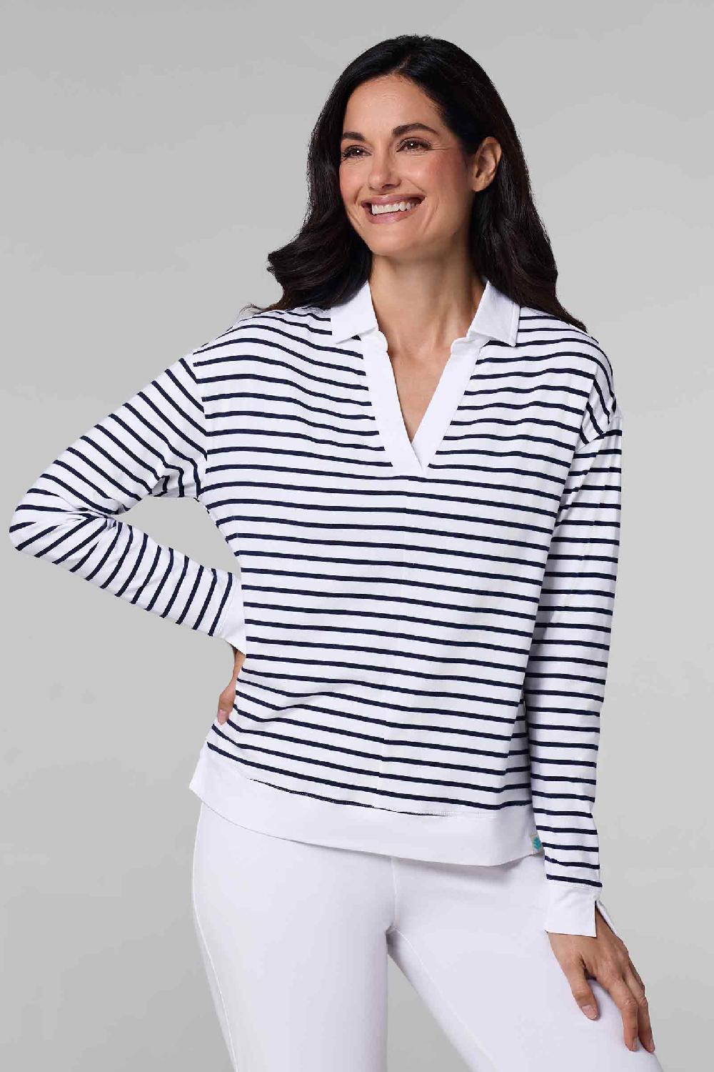 coolibar Women's Fontainebleau Polo 2.0 | White/Navy Stripe