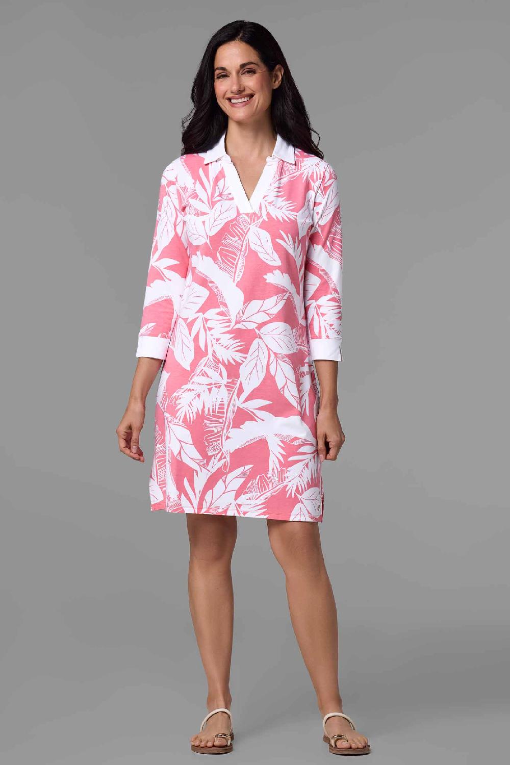 Coolibar Women's Fontainebleau Tunic Dress | Flamingo Pink Palm Paradise