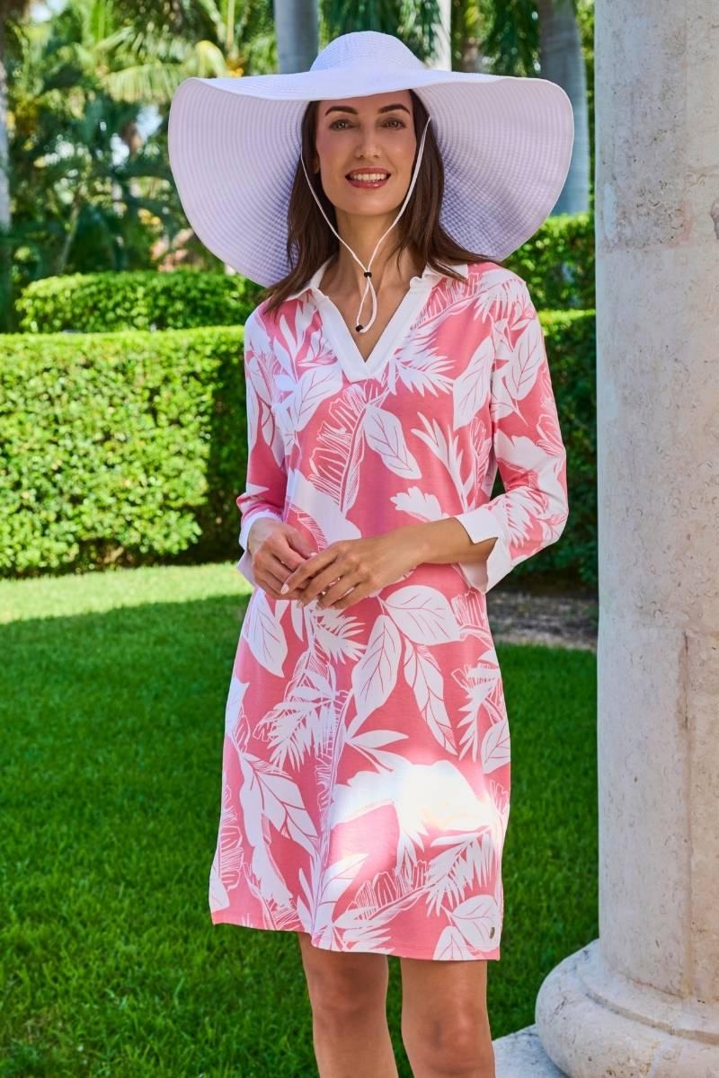 coolibar Women's Fontainebleau Tunic Dress | Flamingo Pink Palm Paradise