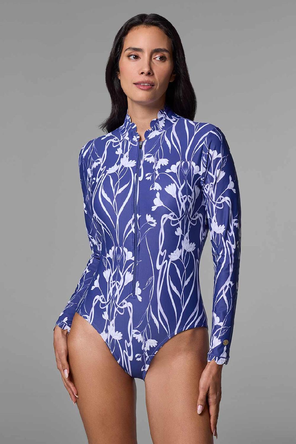 coolibar Women's Great Star Scallop Long Sleeve Swimsuit | FUTURE DUSK Iris Dusk