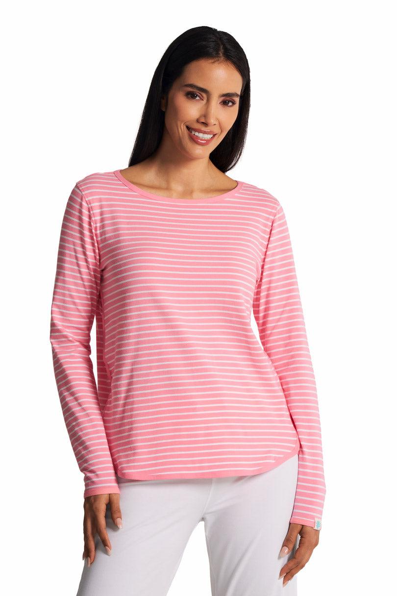 Coolibar Women's Heyday Side Split Shirt | Flamingo Pink/White Stripe