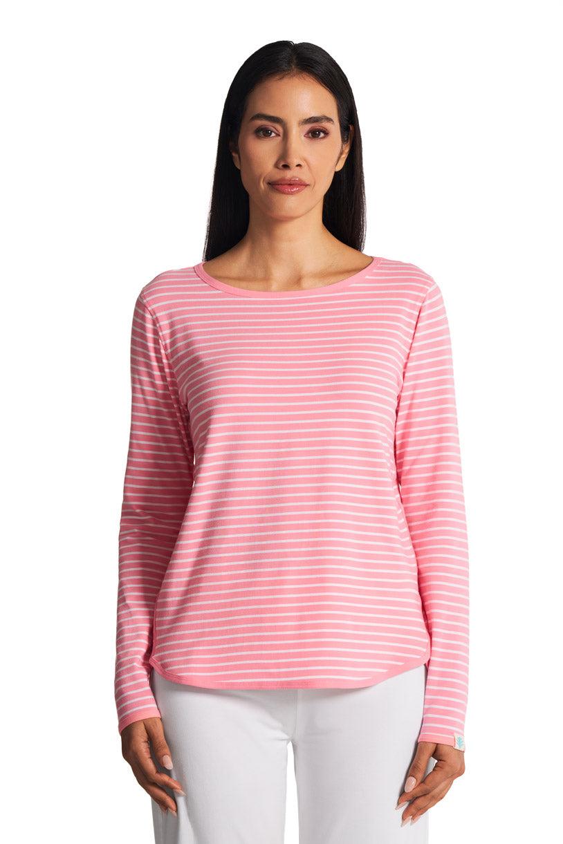 Coolibar Women's Heyday Side Split Shirt | Flamingo Pink/White Stripe