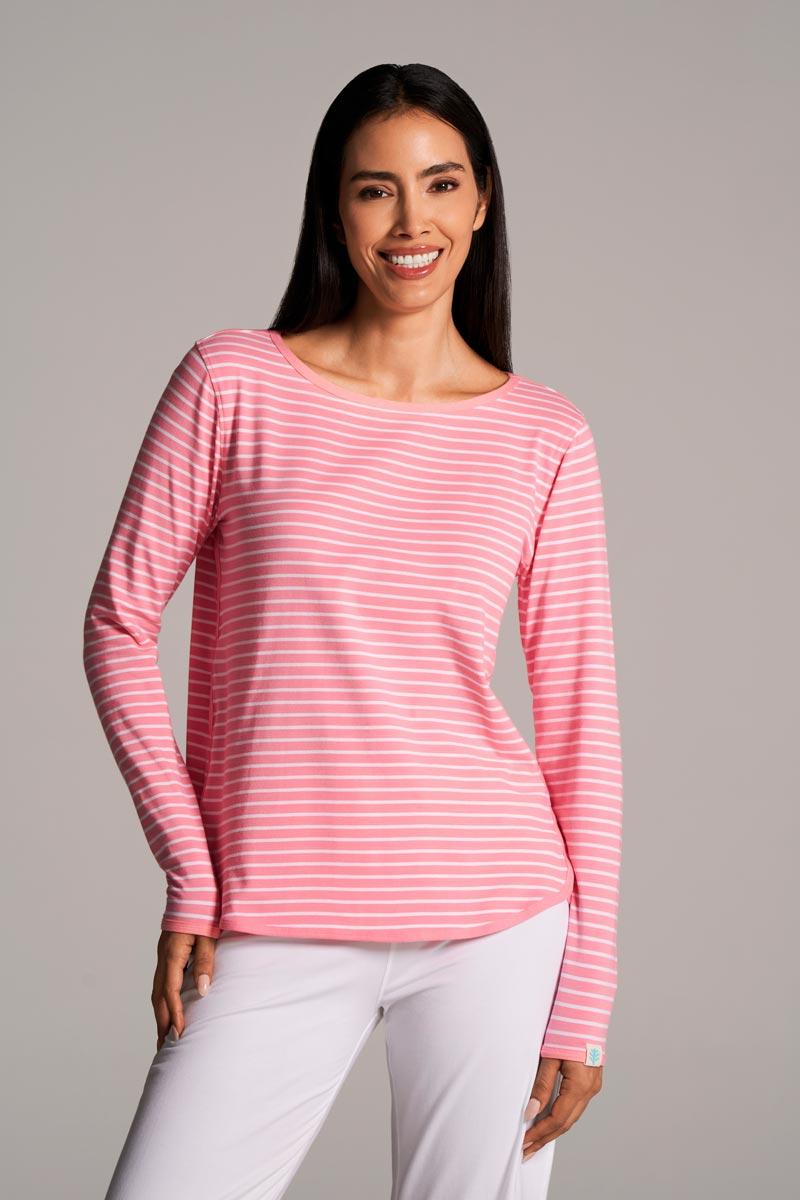 coolibar Women's Heyday Side Split Shirt | Flamingo Pink/White Stripe