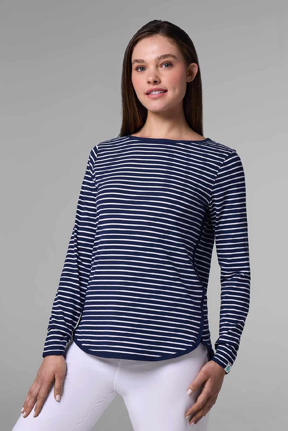 Coolibar Women's Heyday Side Split Shirt | Navy/White Stripe