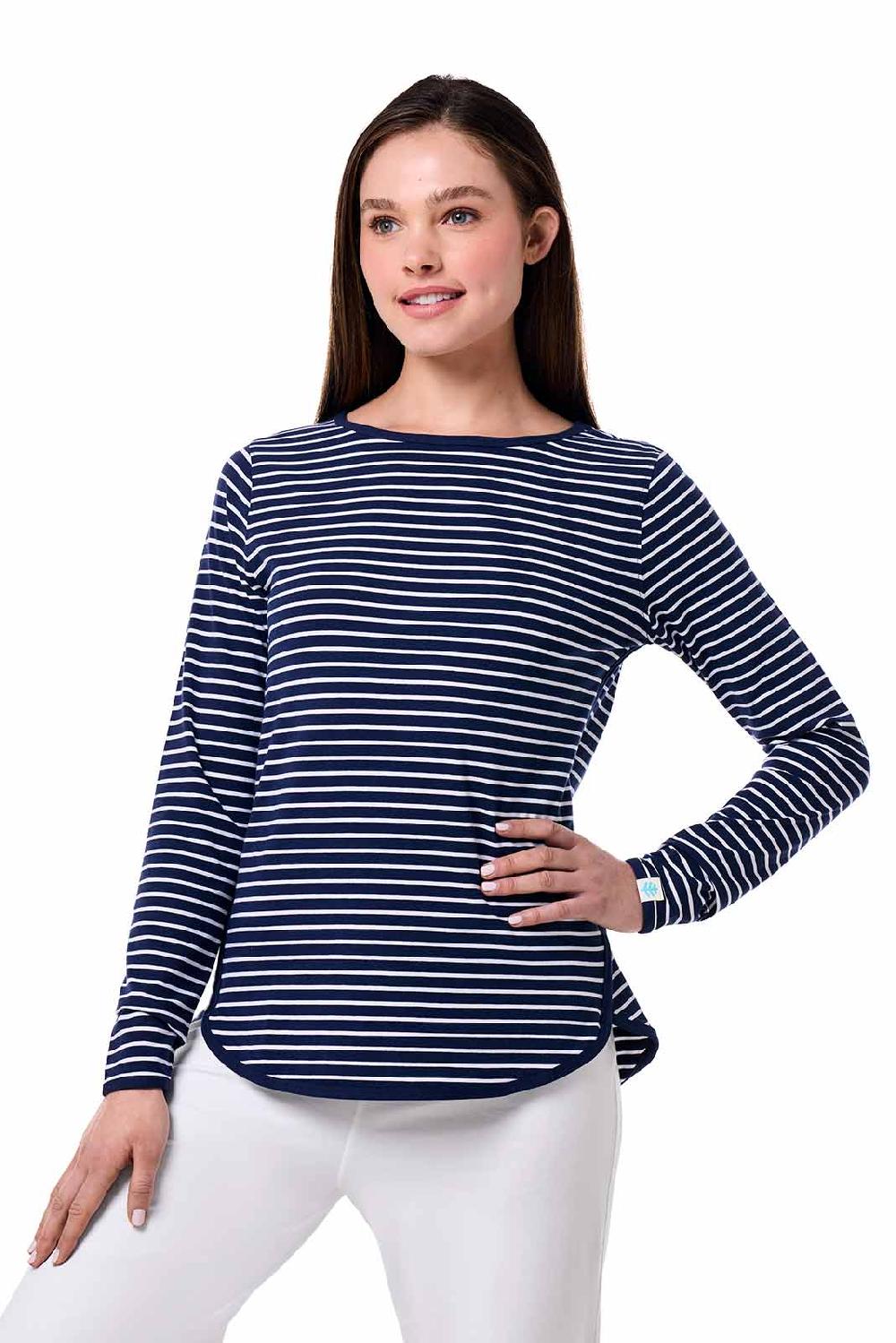 Coolibar Women's Heyday Side Split Shirt | Navy/White Stripe