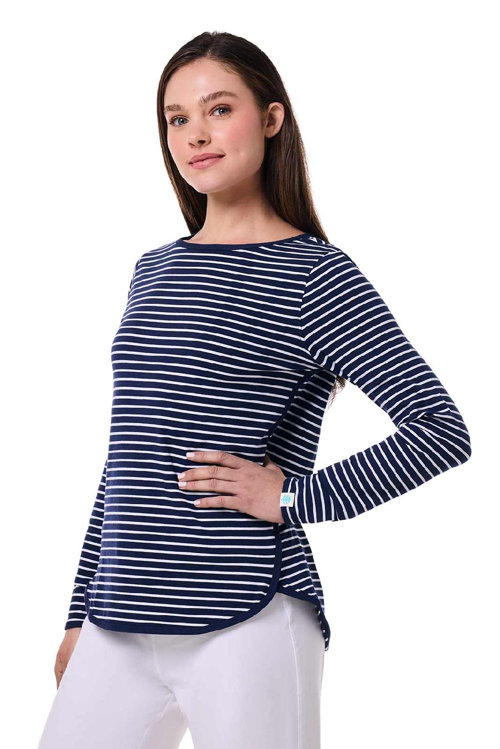 Coolibar Women's Heyday Side Split Shirt | Navy/White Stripe