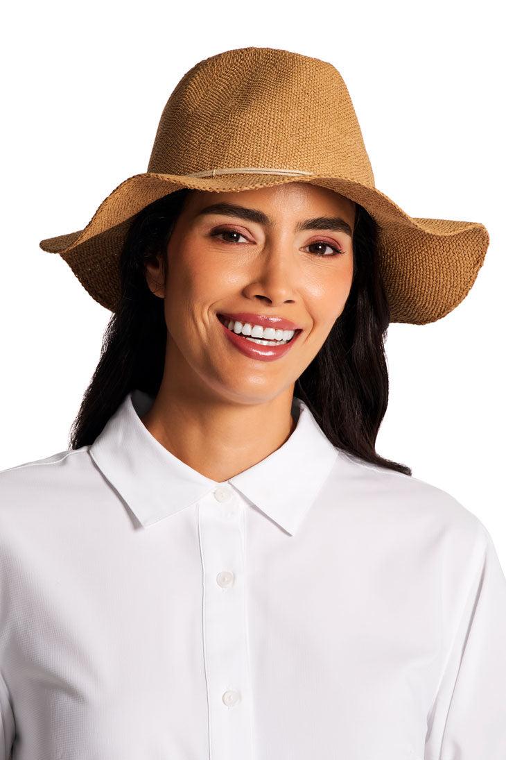Coolibar Women's Isla Hand Woven Fedora Toyo Straw | Toast