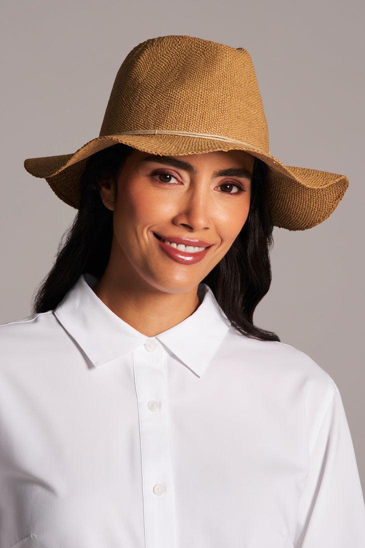 coolibar Women's Isla Hand Woven Fedora Toyo Straw | Toast