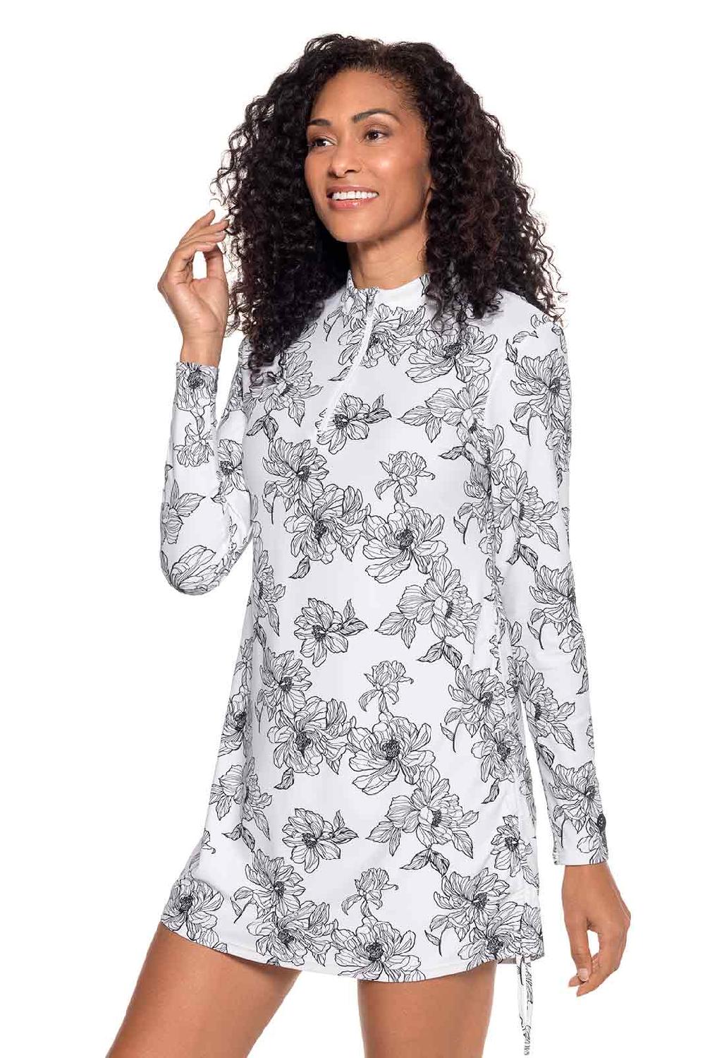 Coolibar Women's Key Biscayne Ruche Swim Top | White/Black Perfect Peony