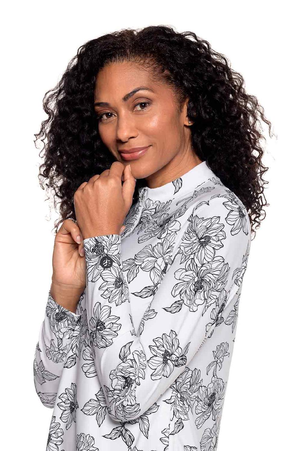 Coolibar Women's Key Biscayne Ruche Swim Top | White/Black Perfect Peony