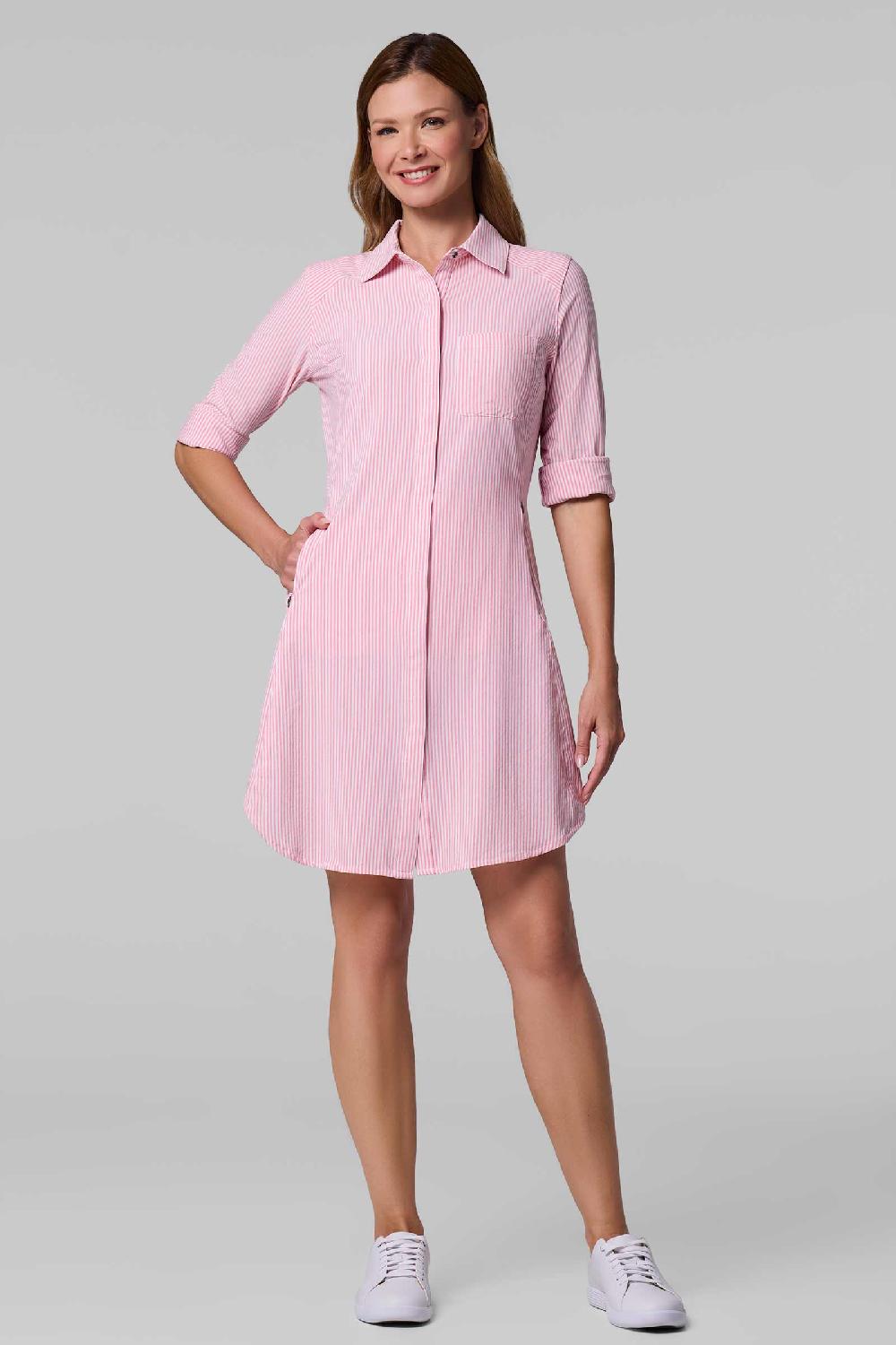 Coolibar Women's Malta Travel Dress | White/Flamingo Pink Stripe