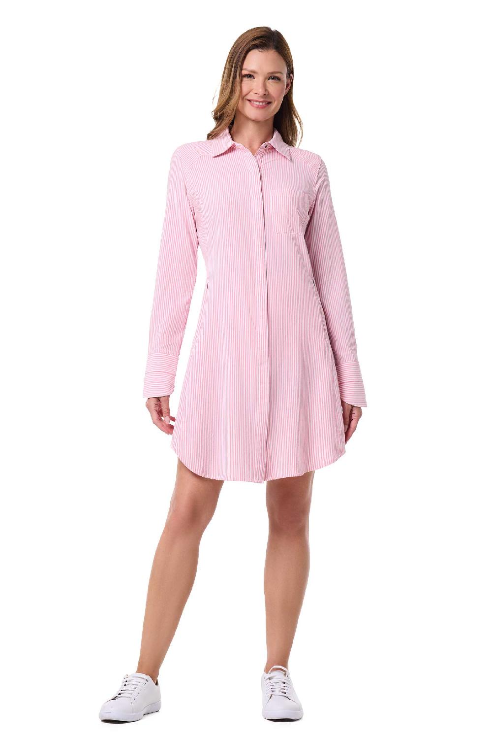 Coolibar Women's Malta Travel Dress | White/Flamingo Pink Stripe