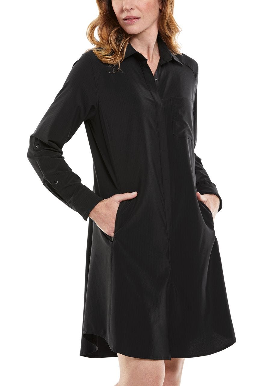 Coolibar Women's Malta Travel Shirt Dress | Black Shadow Stripe