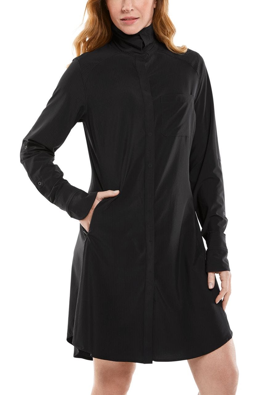 Coolibar Women's Malta Travel Shirt Dress | Black Shadow Stripe